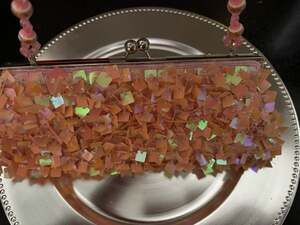 Vintage Pink Iridescent Square Sequin Clutch with Beaded Strap and Chain